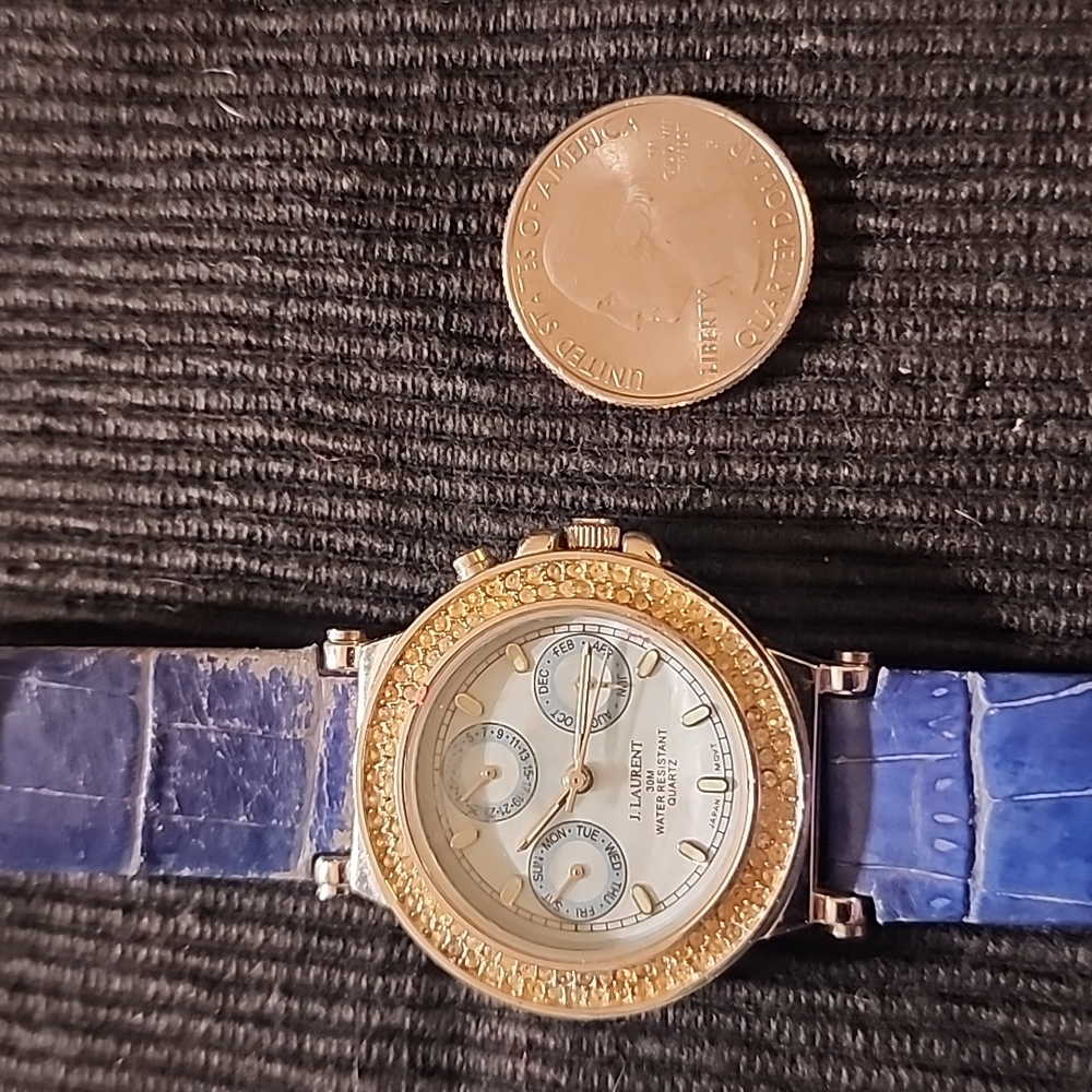 J. Laurent Watch Women Gold Tone Pave Day Date MOP Blue Band
